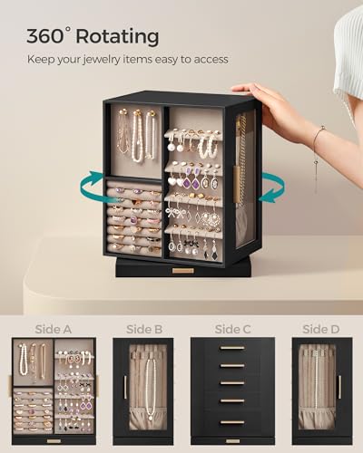 SONGMICS Jewelry Box 360°Rotating, Jewelry Storage Case with 5 Drawers, Jewelry Organizer, Glass Window, Spacious, Vertical Jewelry Storage, Open Design, Great Gift, Graphite Black UJBC170B01 - color: Graphite Black, size: 5 Drawers (6.3"d X 8.7"w X 11.2"