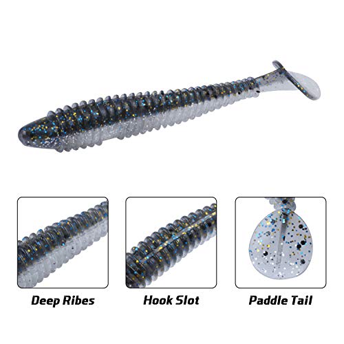 RUNCL Swimbaits Paddle 10/20/30/40PCS, 5/4/3/2 Inchs Paddle Tail, Soft Lure for Trout Crappie Bass, Durable Plastic Bait Swimmer for Saltwater/Freshwater, Fishing Lover's Gift - color: Mist Shiner, size: 4in, 20pcs