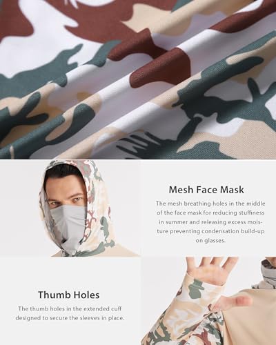 FISHEAL Men's Performance Fishing Hoodie Shirt - UPF 50+ UV Sun Protection Long Sleeve Shirts with Mesh Face Mask - color: Desert Sand Camo, size: Small