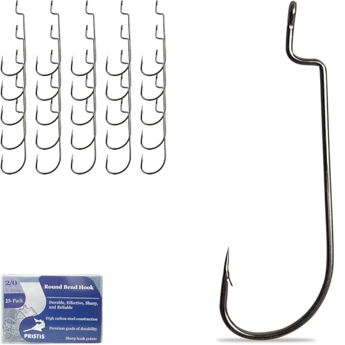 Pristis 25 Pack High Carbon Steel Fishing Hooks, Reinforced EWG Circle Octopus Round Bend 60 Degree Wide Gap Strong Barbed Worm Fish Hook Jig Bait Rig for Saltwater Freshwater Bass Tuna Walleye Trout - color: Round Bend, size: 2/0