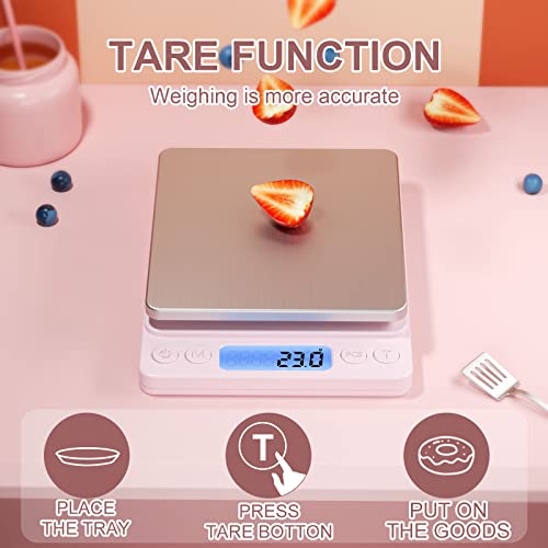 Digital Food Scale for Food Ounces and Grams，YONCON 3000g/0.1gram Accuracy Multifunctional Kitchen Scale for Cooking, Baking | Small Size for Easy Storage | Tare Function, Pink - color: Pink