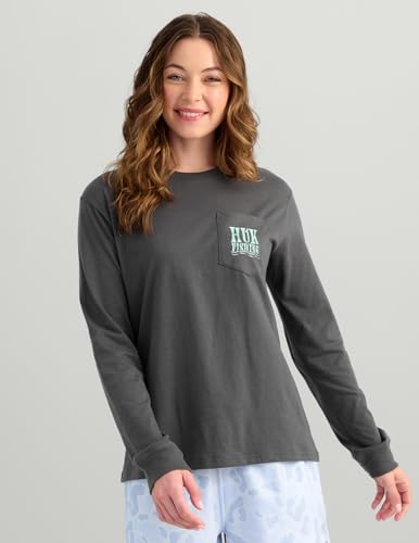 HUK Women's Pocket Tee, Comfortable Performance Fishing Long Sleeve T-Shirt with Chest Pocket for Women - color: Love Water - Volcanic Ash, size: X-Small
