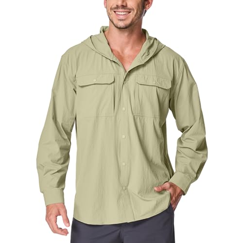 Mens Sun Protection Hiking Fishing Safari Shirts with Hood Long Sleeve Outdoor Quick Dry Shirts Hoodie - color: 5105 Khaki, size: XX-Large