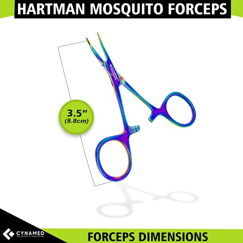 Cynamed Mosquito Hemostatic Forceps with Multicolor/Rainbow Titanium Coating - Premium Quality - Hemostat Clamping Pliers with Serrated Jaws - 3.5 in. (Curved) - style: Curved