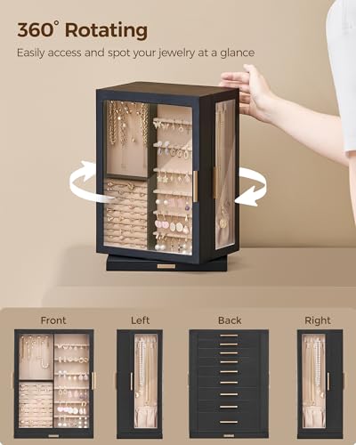 Glimmloop 360° Rotating Jewelry Box with 9 Drawers, Spacious Vertical Jewelry Organizer with Glass Window, Jewelry Storage Case, Dustproof & Moisture-resistant Design, Black - color: Black, size: 9 Drawers (6.2"D x 11"W x 15.1"H)