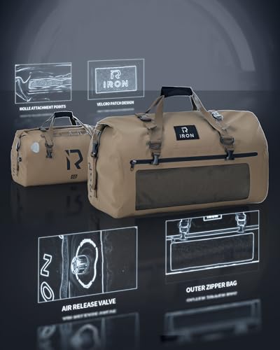 IRON JIA'S Motorcycle Dry Bag - Waterproof Duffle & Luggage Tail Bag Saddle Bags with Roll Top Closure, Shoulder Straps, Inner Pocket and Mesh Pocket (Brown, 50L) - color: Brown, size: 50L
