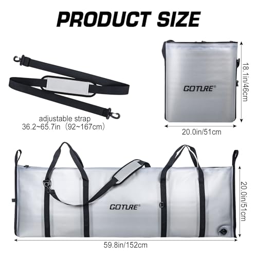 Goture Insulated Fish Cooler Bag, 840D TPU Leakproof Fish Kill Bag with Airtight Zipper, Large Waterproof Fishing Cooler Bag with Carry Handle, Drain Plug, Keep Ice Cold All Day, 59.8inx20in
