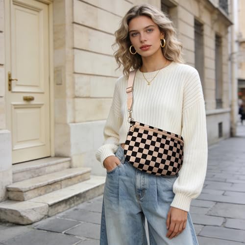 KALIDI Checkered Crossbody Bags for Women Travel Flat Fanny Packs for Woman Men Nylon Cross Body Purse Fashion Belt Bum Bag - color: Khaki Checkered
