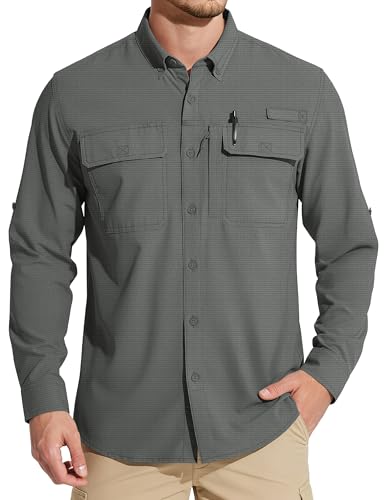 MAGCOMSEN Men's Sun Protection Fishing Shirts Long Sleeve UPF 50+ Quick Dry Cooling Button Down Shirt for Hiking Safari - color: Dark Grey, size: XX-Large