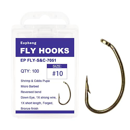 Eupheng Fly Fishing Hooks 100pc Pack Micro Barbed High Carbon Steel Bronze Forged for Dry Flies, Curved Nymphs, Shrimp,Caddis Pupa - color: EP FLY-S&C-7051, size: #10