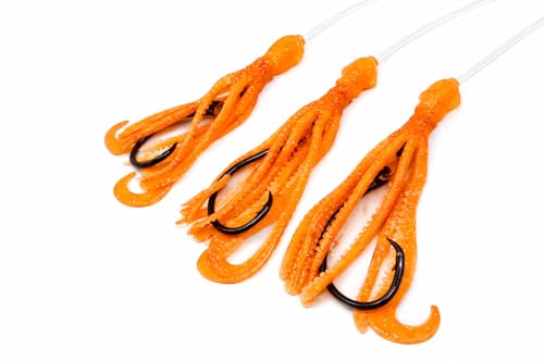End Game Tackle Deep Drop Rig – Made in USA – New Super Stretch Glow Squid – NOAA Compliant Non-Offset Circle Hooks for Bottom Fishing - color: Orange Glow, size: 8/0 – 3 Hook Rig