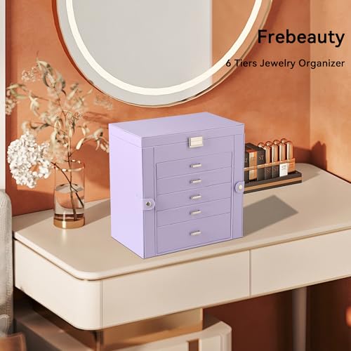 Frebeauty Large Jewelry Box,6-Tier PU Leather Jewelry Organizer,Multi-functional Storage Case with Mirror,Accessories Holder with 5 Drawers for Necklace Bracelets Watches（Purple） - color: Purple, size: Large