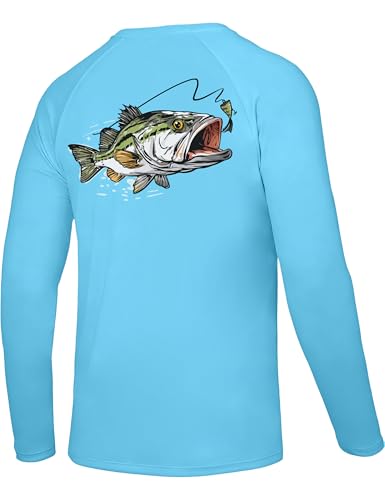 Men's UPF 50+ Sun Fishing Shirt, Long Sleeve UV Protection Tee, Quick Dry Rash Guard for Outdoor Swim Hiking - color: Medium Blue (Largemouth Bass), size: Large