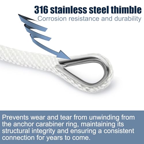 Anchor Rope Braided Anchor Line(White, 3/8" x 50') Premium Solid Braid MFP Boat Rope with Stainless Steel Thimble & Shackle, Quality Marine Line, Boat Accessories - style: 3/8" x 50'