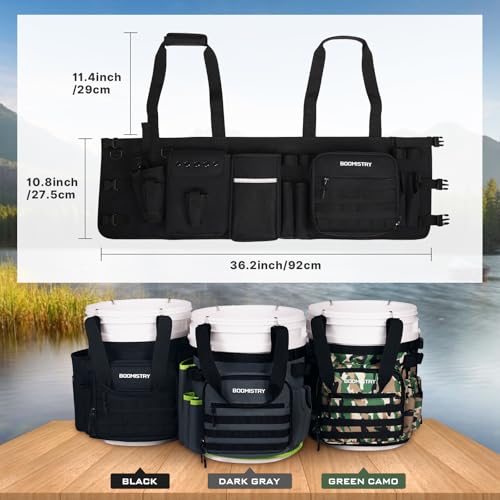 Boomistry Fishing Bucket Organizer for 5 Gallon Bucket, Black | 15 Multi-Pockets, 4 Built-in Rod Holder Storage, 3 Adjustable Buckles, for All Fishing Gear & Tackle Accessories - color: Black