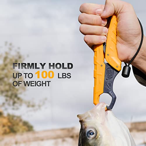 SNAIL TRAIL 7.5''/9'' Floating Fish Gripper, Fishing Grabber, Catfish Mouth Pliers, Caught Bass Holder, Digital Scale Hook Clamp, Saltwater Lip Grip Tool with Lanyard, Gifts for Men, Yellow-Gray - color: Yellow-gray, size: 9"