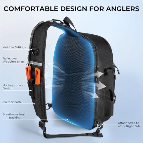 KastKing Karryall Sling Tackle Bag–Fishing Sling Pack,Fishing Backpack With Rod Holder,MOLLE System,Soft Bait & Gear Storage - color: A: Black