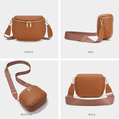 Woven Vegan leather Crossbody Bags For Women, Checkered Fashion PU Bum Bag Waist Pack, Travel Sling Purse with Adjustable Strap（Brown) - color: Brown