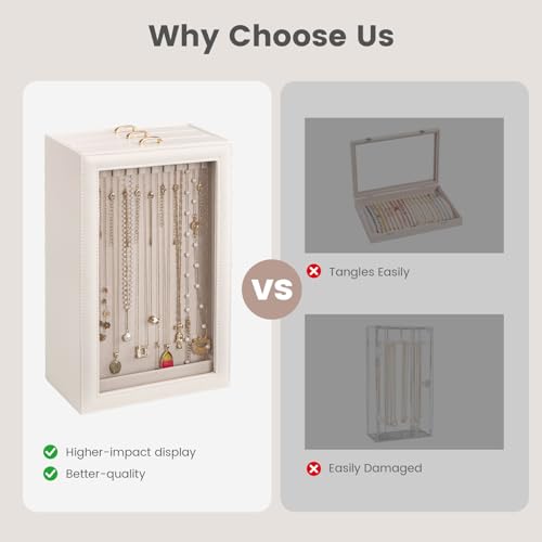 Lolalet Necklace Organizer Box, Jewelry Storage Box with Clear Window for Necklaces Bracelets, Tangle-Free Necklace Display Case for Women Girls, White, 3 Layers 30 Hooks - color: White, size: 3 Layers, 30 Hooks