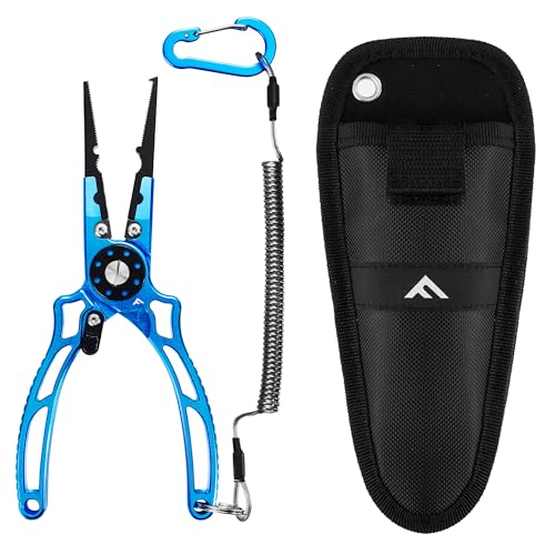 FLISSA Fishing Pliers, Safety Lock Design Fish Pliers Saltwater, Aluminum Hook Remover, Titanium 6Al-4V Jaw and Tungsten Carbide Line Cutters, Sheath & Lanyard, Fishing Gear Gifts for Men - size: 8-inch