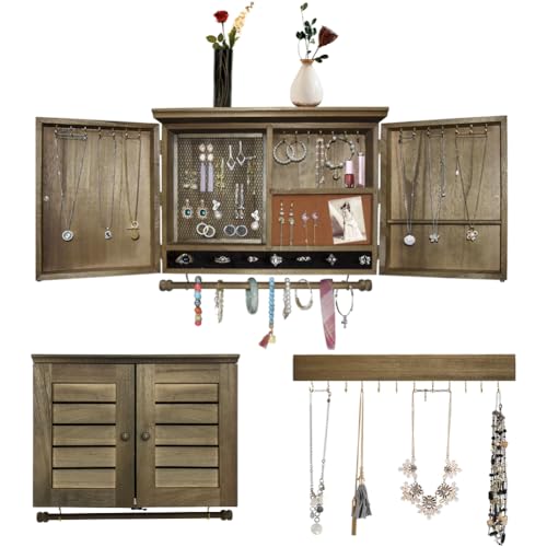 Rustic Wall Mounted Jewelry Organizer,Vintage Wooden Hanging Jewelry Holder Box with Barndoor Decor for Necklaces, Earings, Bracelets, Rings, Accessories. Includes Hook Organizer - color: NATURAL