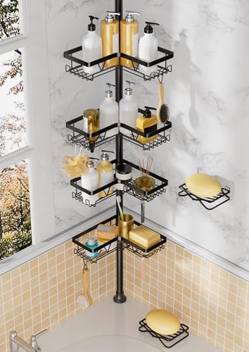 DAOYA Corner Shower Caddy + 2 Soap Holders, 4 Tier Shower Caddy Tension Pole Stainless Steel Black, Extends 25-114.2 Inches, for Bathroom Organizers and Storage, Renter-Friendly and Gift Idea - color: Black-3