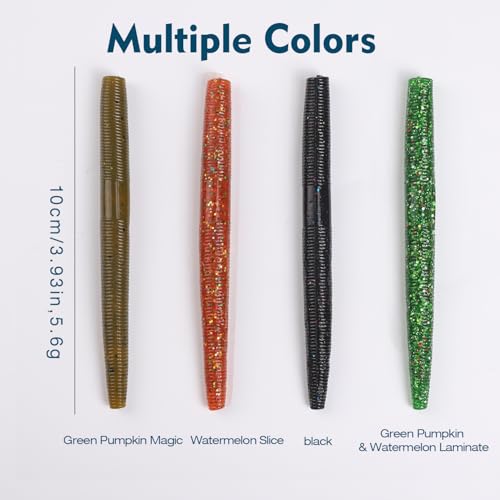 Fishing Soft Plastic Lures - 10pcs Rubber Worms for Fishing Bass, 3.93" Watermelon Color, for Freshwater & Saltwater Fishing - color: Black