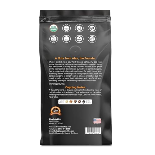 Alex's Low Acid Organic Coffee 12oz Bag - Whole Bean French Roast (Pack of 1)