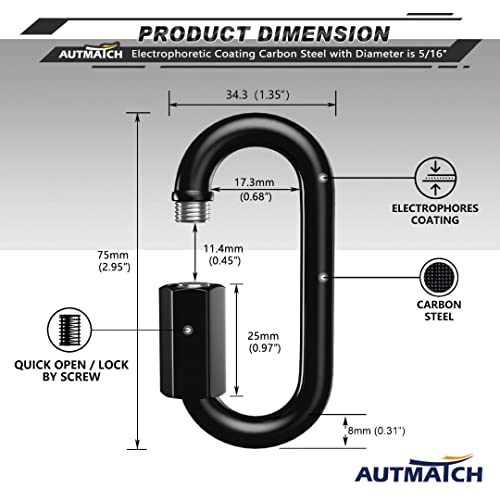 AUTMATCH Carabiner Clips, 3" Spring Snap Hook Caribeener Clips Buckle Pack Grade Heavy Duty Carabiners Quick Link for Camping, Fishing, Hiking, Traveling, 4 Pack - style: Carbon Steel - Chain Links Black