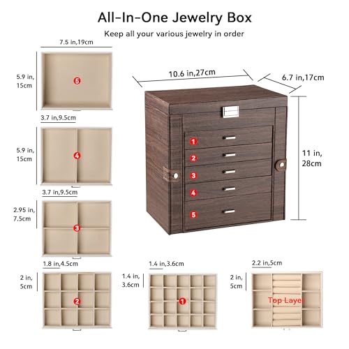 Frebeauty Large Jewelry Box,6-Tier PU Leather Jewelry Organizer,Multi-functional Storage Case with Mirror,Accessories Holder with 5 Drawers for Necklace Bracelets Watches(Tree Brown) - color: Tree Brown, size: Large