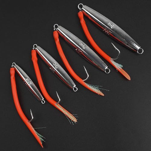 Diamond Jig Saltwater Fishing Lures Casting Jigging Spoon with Tube Tail Stainless Steel Hooks Trolling Lures Striped Bass Metal Jig for Deep Sea Surf Fishing Bottom Dragging Sinking - color: Red, size: 3 oz
