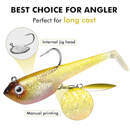 TRUSCEND Shadtale Easy Catch Soft Fishing Lures with BKK Hooks - Trembly Sinking and Vibrating Swim for More Bites, Pre-Rigged Swimbaits for Bass, Trout, Crappie, Walleye, Freshwater Saltwater Fishing - color: C-2.3",0.4oz