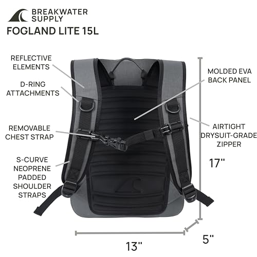 Breakwater Supply™ Fogland Lite CORDURA Small Waterproof IP68 Submersible Backpack | Laptop Sleeve & Airtight Zippers for Outdoors, Kayaking, Hiking, Cycling, Unisex TPU Dry Bag (Goshen Gray, 15L) - color: Cordura Goshen Gray, size: 15L
