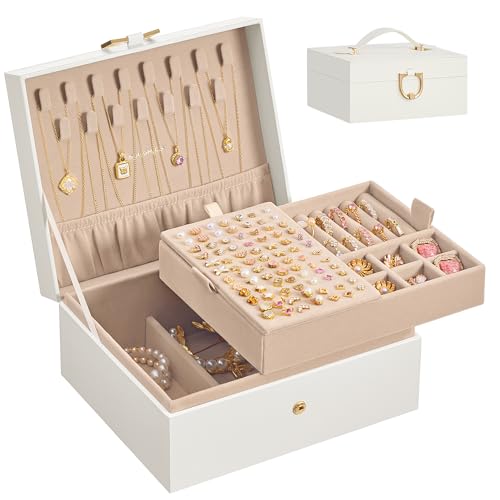 SONGMICS 2-Layer Jewelry Box Organizer, Jewelry Storage Case with Removable Tray and Handle, for Necklaces, Earrings, Rings, Bracelets, 6.7 x 8.1 x 3.7 Inches, Gift Idea, Cream White UJBC208WD01 - color: Cream White
