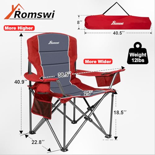 Romswi Oversized Camping Chairs,Heavy Duty Support 500 LBS,Padded Back & Arm Sport Chairs, Cup Holder Cooler Bag, Collapsible Folding Chairs for Outdoor, Fishing & Garden, Red,2-Pack - color: Red, style: XL Large