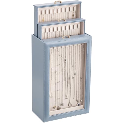 Lolalet Necklace Organizer Box, Jewelry Storage Box with Clear Window for Necklaces Bracelets, Tangle-Free Necklace Display Case for Women Girls, Dusty Blue, 3 Layers 30 Hooks - color: Dusty Blue, size: 3 Layers, 30 Hooks