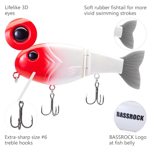 BASSROCK Topwater Fishing Lures for Bass Pike Salmon Floating Swimbait Jointed Crankbait Freshwater Saltwater 4.9in/1.76oz RK1001 - color: Red Head, size: 3.9in/1.04oz