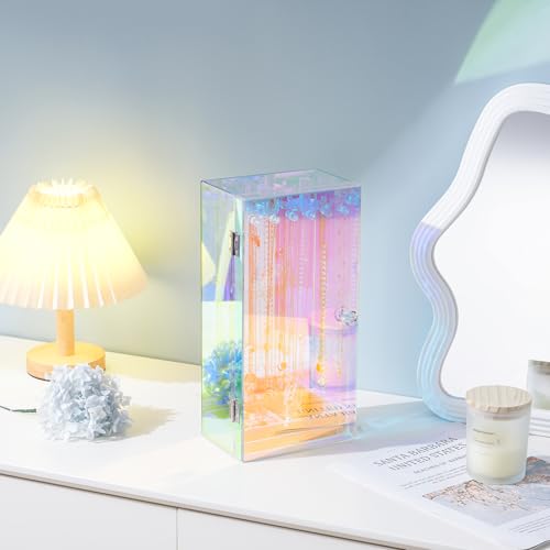 Lolalet Necklace Holder Organizer, Acrylic Jewelry Organizer with 24 Hooks, Rotating Clear Necklaces Display Box with Built-in Mirror, Dust-proof Jewelry Storage Case with Velvet Tray -Lasermirror - color: 3 -Lasermirror