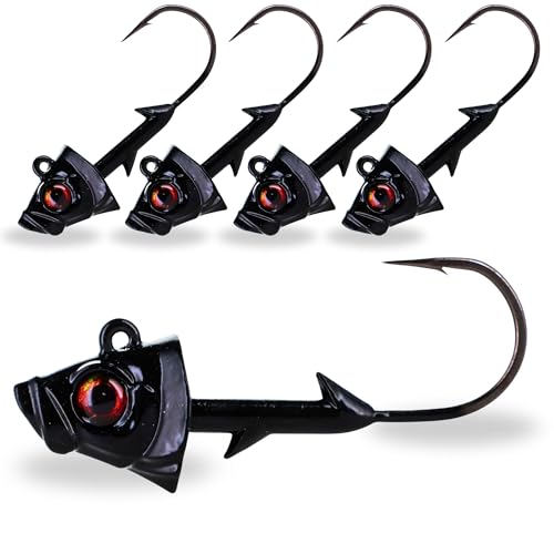 Reaction Tackle Swimbait Jig Heads with Weighted Hook - Realistic Fish Head Lures for Bass and Walleye - Soft Plastic Swimbait Heads for Freshwater and Saltwater (5-Pack) - color: Black, size: 1/4 Oz