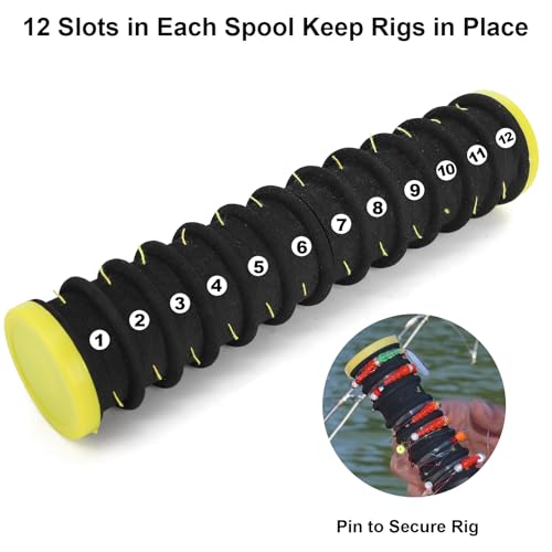 ZENFUN 4 Pc Fishing Line Storage Organizer, Fish Leader Holder with 12 Slots to Keep Your Lines Tangle Free, Spooler Winder, and Hook Keeper with Rigging Spools
