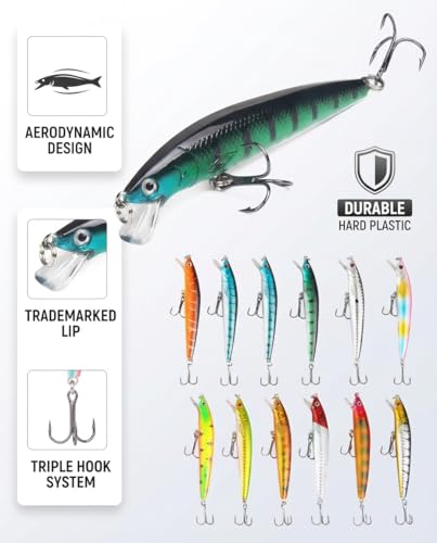 Fishing Lures Kit Set 10 Pack Fishing Lures Hard Baits, 3D Artificial Minnow Crankbait & Swimbait Lure Kit for Freshwater & Saltwater, Bass, Trout, Walleye, Redfish
