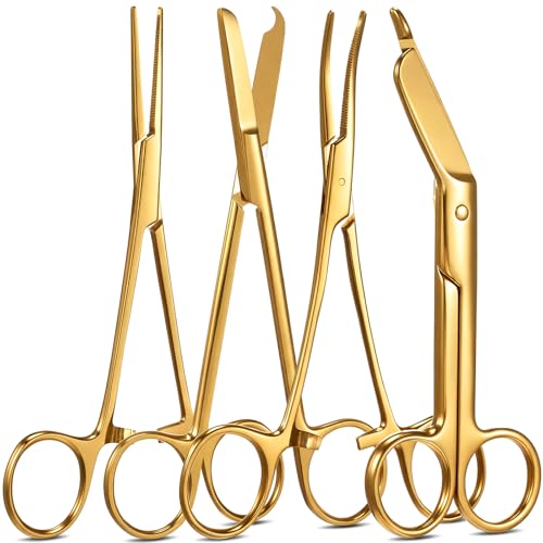 BBTO Hemostat Curved and Straight Hemostat Forceps Piercing Pliers Forceps, Stainless Steel Straight and Curved Pliers, Fishing Tweezer(Gold,4 Pcs) - color: Gold