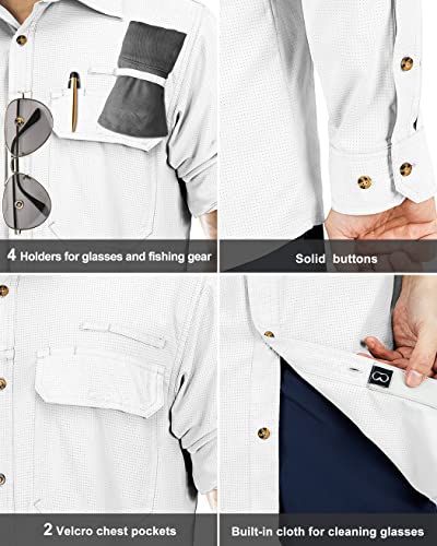 33,000ft Men's Long Sleeve Sun Protection Shirt UPF 50+ UV Quick Dry Cooling Fishing Shirts for Travel Safari Camping Hiking - color: White, size: Large