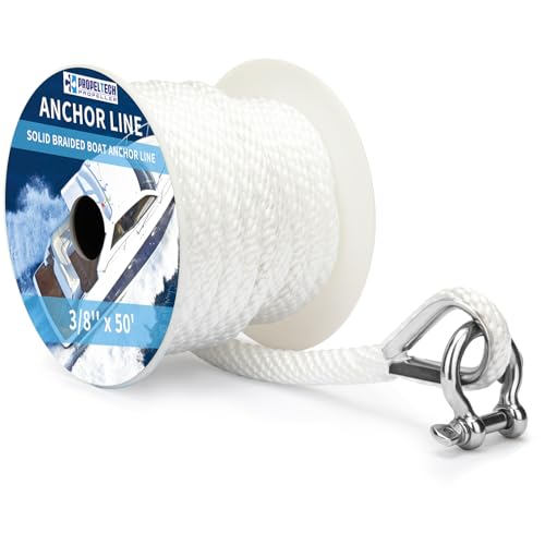 Anchor Rope Braided Anchor Line(White, 3/8" x 50') Premium Solid Braid MFP Boat Rope with Stainless Steel Thimble & Shackle, Quality Marine Line, Boat Accessories - style: 3/8" x 50'