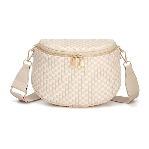 Woven Vegan leather Crossbody Bags For Women, Checkered Fashion PU Bum Bag Waist Pack, Travel Sling Purse with Adjustable Strap（Beige and White) - color: Beige and White