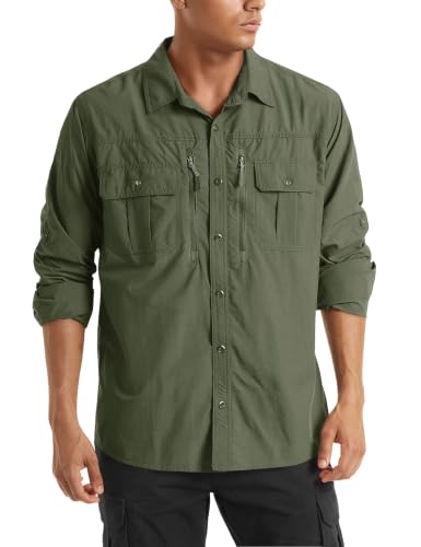 TACVASEN Fishing Shirt for Men, Long Sleeve Shirt Quick Dry Fit, Tactical Shirt Button Up, Work Shirt Lightweight Safari - color: Green, size: X-Large