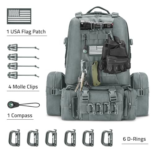 CVLIFE 60L Tactical Backpack for Men Women Military Large Army Rucksack | 3 Day Bug Out Survival Molle Bag, D-Ring Clips & Compass Accessories, Hiking Camping Gym Daypack, Grey - color: Grey