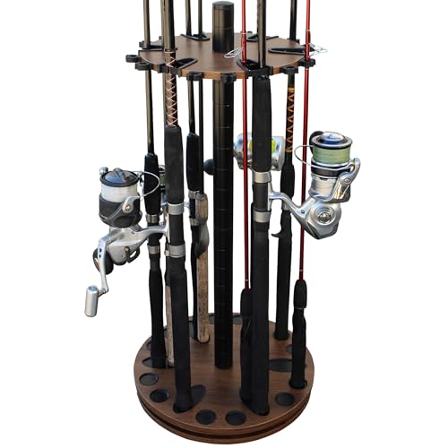 Rush Creek Creations Fishing Rod Holder - 360 Spinning Rack for Garage Organization and Storage, Pole Holder for Reels, Gear, Accessories, Tackle Box - color: Dark Walnut, style: 24 Spinning