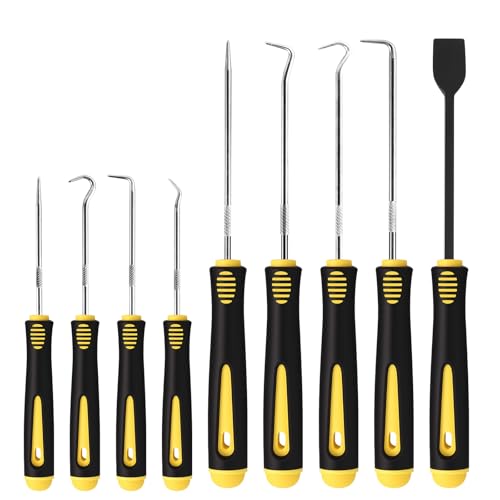 9PCS Hook and Pick Tool Set with Scraper- Automotive Pick Set with Metal Pick Tools & Ergonomic Grip, Mechanic Tool Set for Car Repair, O-Rings, Gaskets, and Tight Spaces - color: yellow