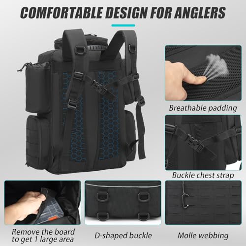 Tactical Fishing Backpack with Tackle Boxes, Rod Holders & Bottle Holder, 50 L Large Tackle Box Backpack with Cooler, Fishing Tackle Bag with Trays Store Gear & Equipment, Black - color: Black